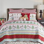 Levtex Home Merry & Bright Collection - Comet and Cupid Quilt - Twin - Holiday Deer and Christmas Trees - Red Green White Teal - Quilt (66x86in.) - Reversible - Microfiber - Image 2