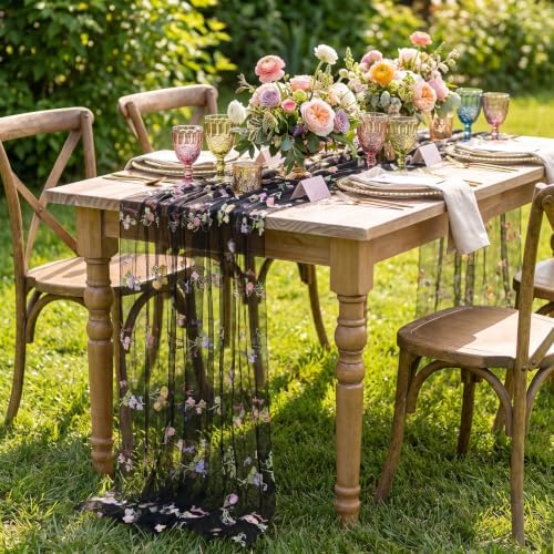 QueenDream 3 Pcs Black Wildflower Party Decorations Floral Table Runner Fabric 10ft Embroidery Tulle Spring Table Runner Seasonal Summer Butterfly for Wedding Baby Shower Birthday Party - Image 6