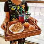 i-lan 15 Inch Large Size Handwoven Serving Tray, Decorative Rectangular Rattan Basket Bread Trays with Handles and 2.3”Wall, Vintage Organizer Plate Wicker Basket Tray for Dessert, Snack, Candy, L - Image 3