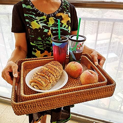 i-lan 15 Inch Large Size Handwoven Serving Tray, Decorative Rectangular Rattan Basket Bread Trays with Handles and 2.3”Wall, Vintage Organizer Plate Wicker Basket Tray for Dessert, Snack, Candy, L - Image 3