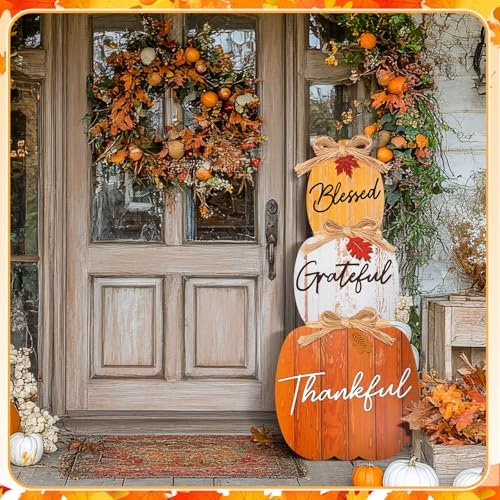 35'' Fall Stacked Pumpkin Porch Sign Outdoor Standing Pumpkin Decorations - Image 2