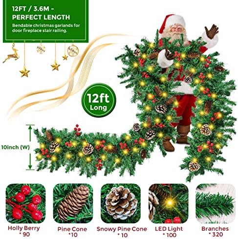Christmas Garland, 12FT Prelit Christmas Garland with 100 LED Lights, Greenery Xmas Garland with 20 Pine Cones 90 Red Berry Christmas Decoration for Indoor Outdoor Home Mantel Fireplace - Image 2