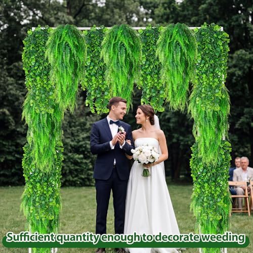 Daifunli 24 Pcs Artificial Hanging Plants Fake Hanging Ferns Plastic Fake Plant for Wall Room Garden Garland Indoor Outdoor Decor No Basket (Boston,Eucalyptus) - Image 5