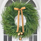 Christmas Wreath with Lights - 26" Real Touch Norfolk Pine Wreath, Large Christmas Wreath with Gold Bell & Bow for Mantle Wall Window Indoor Outdoor Decor by Yastouay