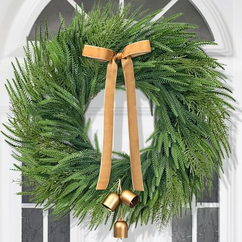 Christmas Wreath with Lights - 26" Real Touch Norfolk Pine Wreath, Large Christmas Wreath with Gold Bell & Bow for Mantle Wall Window Indoor Outdoor Decor by Yastouay
