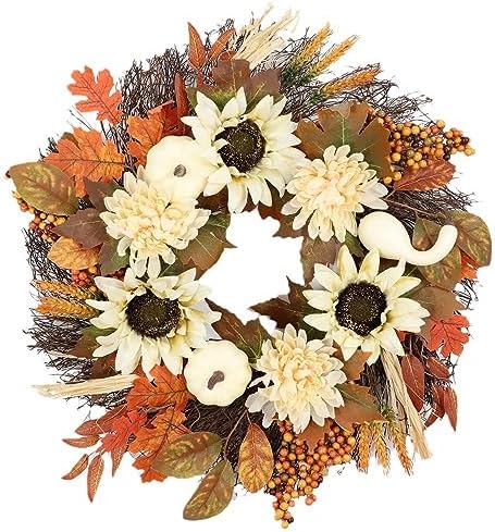 GLLBTPT Fall Wreath Full Handcrafted Autumn Front Door Wreath with Pumpkins Sunflower Berries for Halloween Thanksgiving Harvest Decoration (Sunflower) by Thegoodlifebeginsfromnow