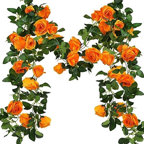 FiveSeasonStuff Warm Orange Artificial Rose Garlands, Four Separate Faux Flower Vines with Greenery by FiveSeasonStuff