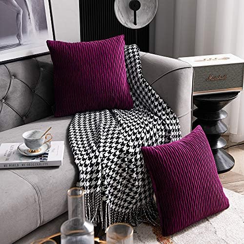 DEZENE 24x24 Purple Throw Pillow Cases: Pack of 2 Vertical Ripple Striped Velvet Square Decorative Pillow Covers for Farmhouse Couch Sofa Bed Living Room Home Decor - Image 3