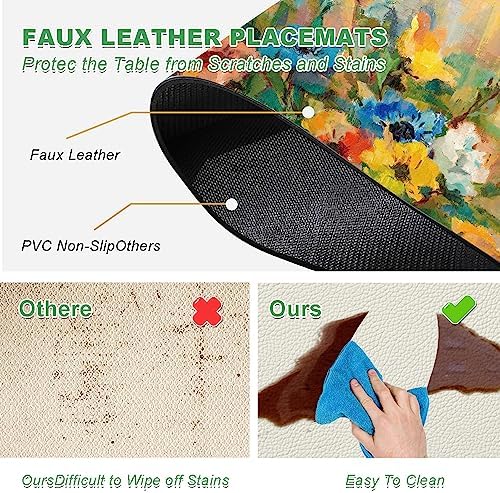 Spring Floral Placemats Set of 4 - Faux Leather Heat Resistant Placemats for Dinner Table, Non-Slip Waterproof Oil-Proof Washable Reusable Placemat for Indoor Outdoor Kitchen, 15.75In*11.81In - Image 4