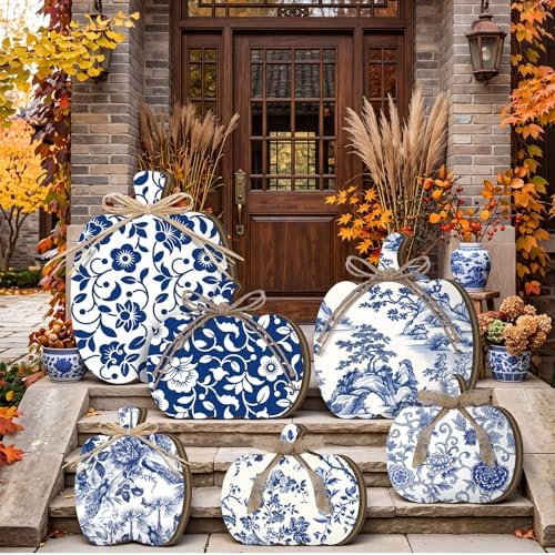 Moucuny Set of 6 Outdoor Fall Decoration for Porch Home, Porcelain Pumpkin by Moucuny
