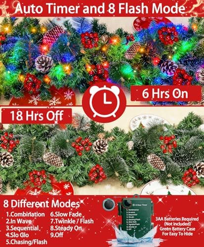 Timer - 9Ft by 10 Inch Prelit Christmas Garland with 50 Colorful Lights, Thick 270 Snowy Tips 70 Red Berry 10 Pinecone Battery Operated 8 Mode Real Touch Cedar Valentines Garland Mantle Indoor Outdoor - Image 3