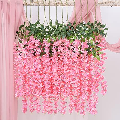 Duovlo 12 Piece Artificial Silk Wisteria Vine 3.6 Feet Ratta Hanging Flower Garland String Home Party Wedding Decor (Dark Pink) - Image 5