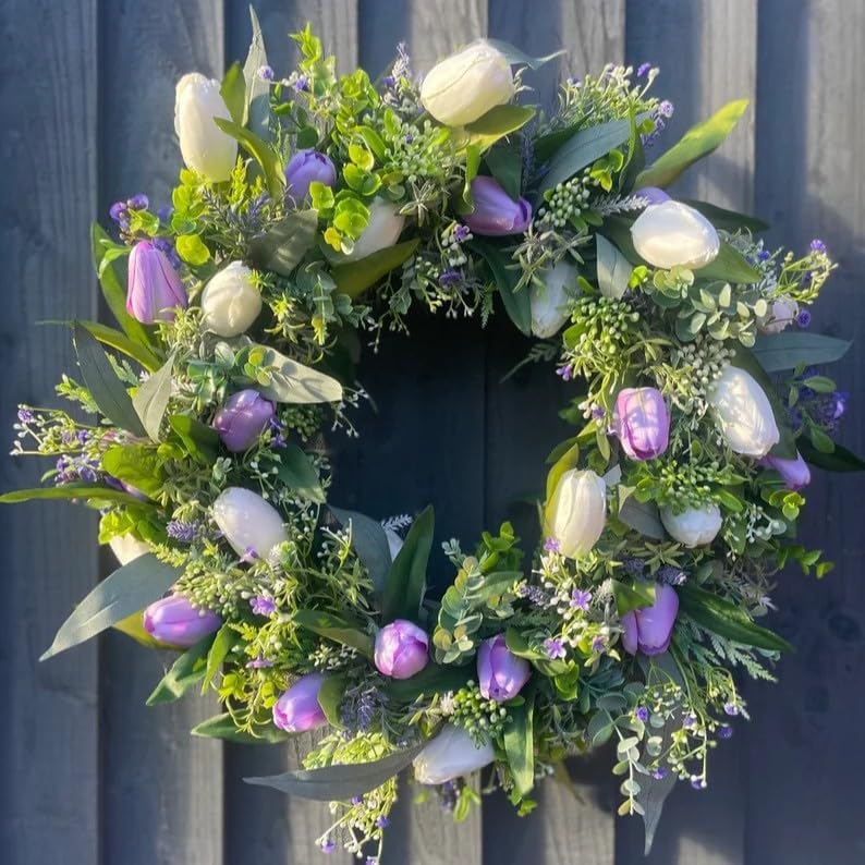 Spring Summer Tulip Wreath for Front Door 18 Inch Artificial Colorful Flower Wreath for Indoor Outdoor Wall Festival Easter Home Farmhouse Wedding Decor (Green + Purple) - Image 2