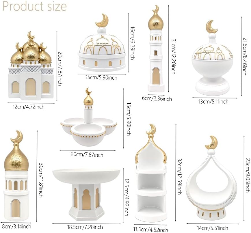 Islamic Decor Resin Mosque Models with Crescent Moon Statues,Gold and White - Image 7