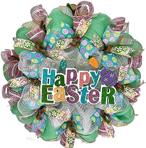 Easter Wreath, Luxury Handmade – Glittering Pastel Happy Easter Front Door Decor, 24 or 28 Inch by WhatAMeshByDianaInc