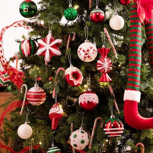 Valery Madelyn Christmas Ball Ornaments, 60ct Candy Cane Red and White Shatterproof Christmas Tree Decorations Set, Variety Decorative Hanging Ornaments for Xmas Trees Bulk Holiday Party Decor - Image 2