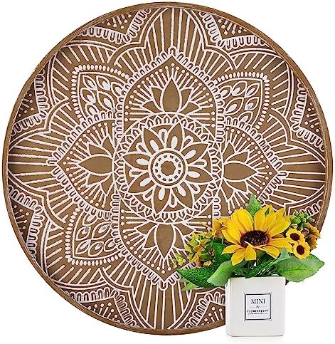 Hanobe 17" Large Round Decorative Tray Coffee Table Decor, Rustic Brown by Hanobe