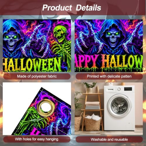 7x16FT Halloween Blacklight Neon Garage Door Cover Decorations happy Halloween Skull Garage Door Banner for Outdoor Indoor Halloween Decorations Party Photography Backdrop - Image 3