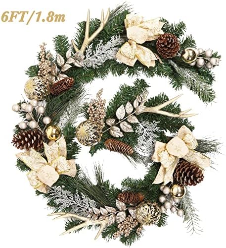 Christmas Garland with Lights, Champagne Gold 6FT 20LED Pre-Lit Christmas Garland with Ball Ornaments, Ribbons, Pine Cones and Artificial Antlers for Door Mantle Stairs Christmas Decoration - Image 4