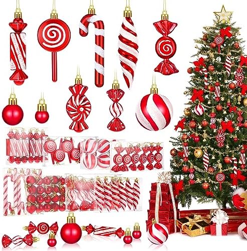 96 Pcs Christmas Tree Ornaments Red and White Candy Ball Ornament by Glitinsel