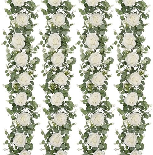 Dolicer 4Pcs 26Ft Artificial Eucalyptus Garlands with Flowers - 8 Roses, Faux Floral Greenery Garlands Fake Flowers Vines for Wedding Table Centerpieces Arch Party Ceremony Backdrop Decor (White) by DolicerLANDSCAPEQ