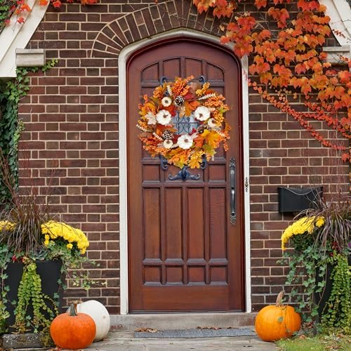 Sggvecsy Fall Wreath 20’’ Autumn Front Door Wreath Harvest Wreath with White Pumpkins Berries Maple Leaves Pine Cones Grain for Outside Indoor Home Wall Festival Thanksgiving Autumn Farmhouse Decor - Image 3