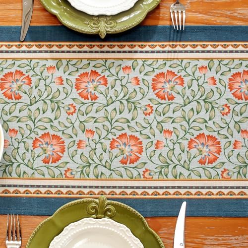 Laolitou Designer Vintage Blue Floral Linen Table Runner, Farmhouse Cottage Rustic Table Runners, Wrinkle Resistant Table Decoration for Kitchen Dining and Coffee Tables Banquet Christmas 13x72 Inches - Image 4