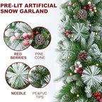 9ft Artificial Christmas Snow Garland with 50 led Lights Timer, Pine Cone, Christmas Red Berry Garlands Battery Powered Outdoor String for Mantle Stairs Railing Fireplace Door - Image 4