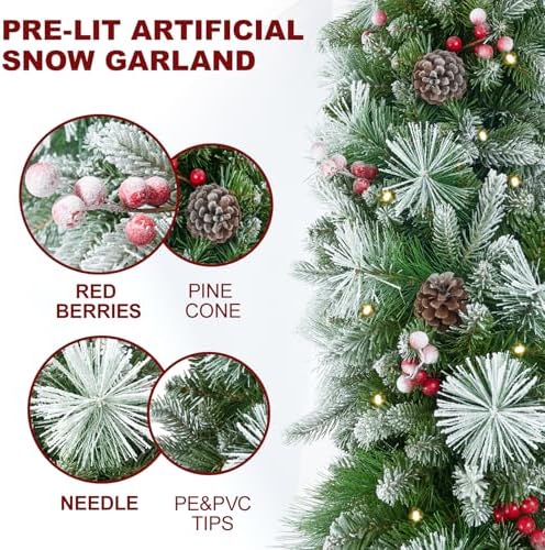 9ft Artificial Christmas Snow Garland with 50 led Lights Timer, Pine Cone, Christmas Red Berry Garlands Battery Powered Outdoor String for Mantle Stairs Railing Fireplace Door - Image 4