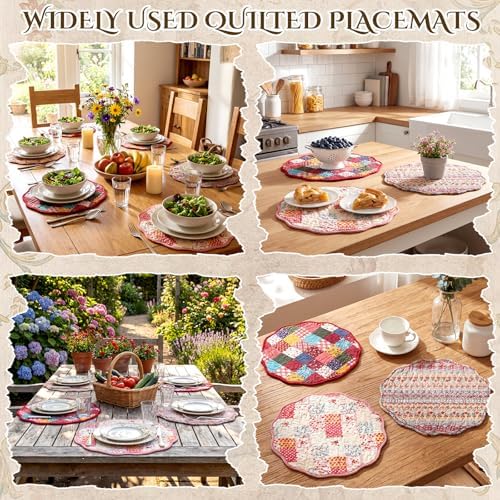 6 Pack Large Quilted Round Placemats 14 Inch Reversible Patchwork Cotton Table Mats, Vintage Floral Cottagecore Farmhouse Washable Dining Table Decor - Image 6