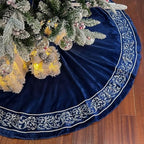 Christmas Tree Skirt 60 inch, Blue Luxury Velvet Plush Faux Fur Extra Large Skirts with Silver Embroidered Vintage Pattern, Classic Retro Christmas Tree Decorations Gifts - Image 4