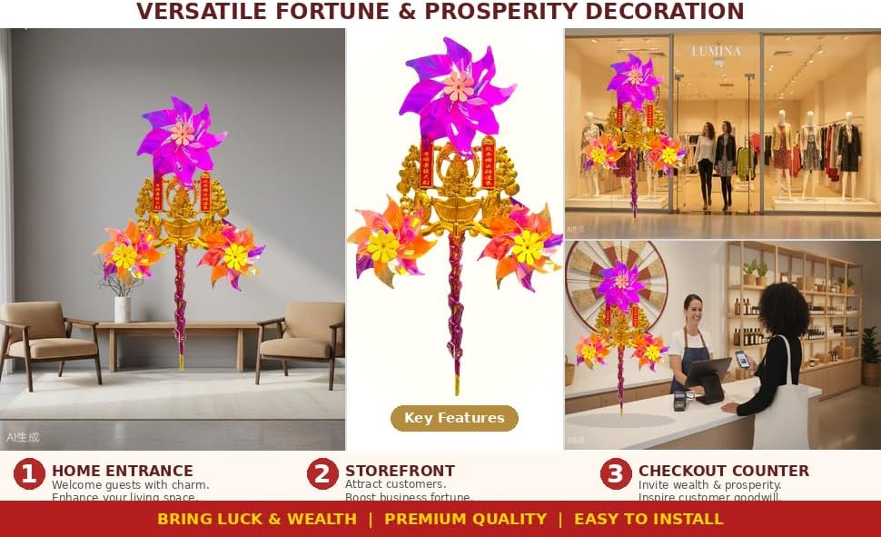 Chinese Traditional Feng Shui Pinwheel, 3 Luck‑Turning Flowers, Lucky Fortune Decor Ornament, Buddha Blessing Gift for Home Office Altar Temple Indoor Decoration - Image 2