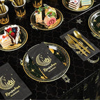 Ramadan Party Supplies Decorations for Home, Eid Ramadan Mubarak Banner Black and Gold Plates and Napkins Set, Disposable Paper Plates Napkins Banner Tablecloth for Ramadan Party Decorations, Serve 25 - Image 3