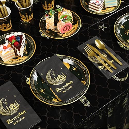 Ramadan Party Supplies Decorations for Home, Eid Ramadan Mubarak Banner Black and Gold Plates and Napkins Set, Disposable Paper Plates Napkins Banner Tablecloth for Ramadan Party Decorations, Serve 25 - Image 3