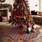 Junkin Green Red Plaid Quilted 60in Christmas Tree Skirt Tartan Tree Decor - Image 3
