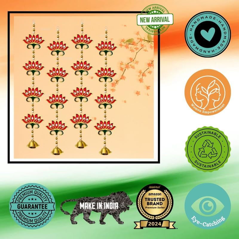 Divyakosh Door Hangings for Home | 4 Red Lotus with Bell Latkans, Size - 24 Inch Each | Temple & Pooja Decoration Items - Image 5
