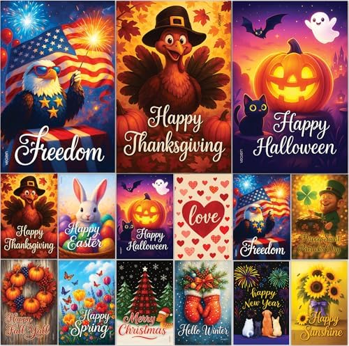 Premium 12 Pack Seasonal Garden Flags Set 12x18 Inch Double Sided, Burlap Outdoor Yard Flags for Spring, Summer, Fall, Winter, Easter, Mother’s Day, Valentine’s, St. Patrick’s, 4th of July, Halloween, Thanksgiving, Christmas by VEOJEIN