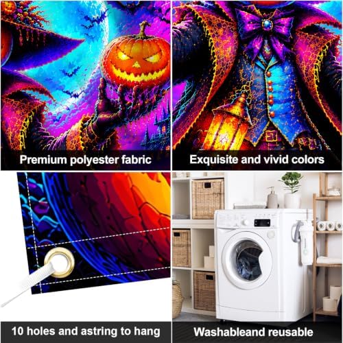 7x16ft Blacklight Halloween Garage Door Banner Decorations, Glow in The Dark Evil Pumpkin Wizard Castle Large Garage Door Cover Background, UV Reactive Halloween Outdoor Wall Backdrop Party Supplies - Image 5