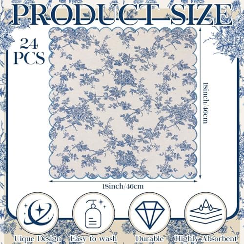 Christmas Cloth Napkins, 24 Pcs, Blue Floral with Light Blue - Image 2