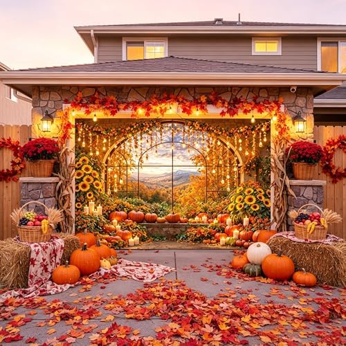 8X7Ft Fall Window Garage Door Banner Autumn Harvest Pumpkin Maple Leaves Backdrop Door Cover Hanging Garage Decorations Banner Thanksgiving Holiday Party Background Sign for Wall House Decor - Image 2