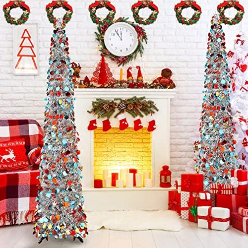Aoriher 5 ft Pre-lit Pop up Silver Christmas Tinsel Tree Decor Reusable Collapsible Artificial Sequins Slim Pencil Tree with Colorful String Lights for Holiday Party Home Indoor Outdoor - Image 5