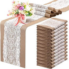 Tatuo 12 Pieces Burlap Table Runners with Lace 12 x 108 Inch Long Rustic Jute Natural Hessian Burlap Table Runner for Farmhouse Style Country Vintage Wedding Party Dinner Decoration by Tatuo