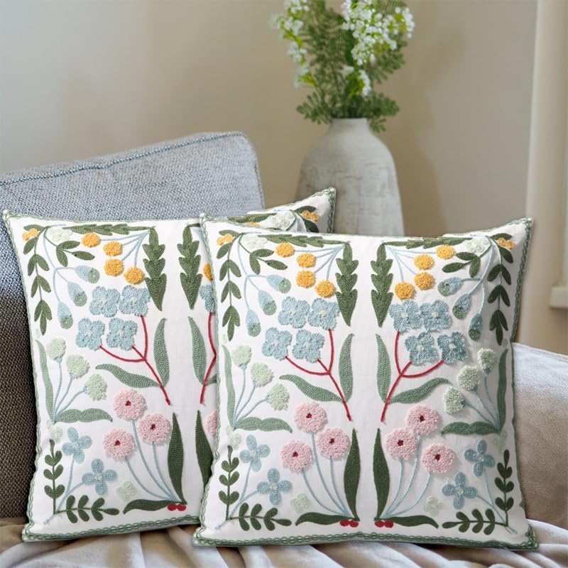 Pack of 2 Embroidered Decorative Throw Pillow Cover 18x18 Inch Farmhouse Floral Pillowcase for Living Room Sofa Bed (Blue Floral) - Image 2