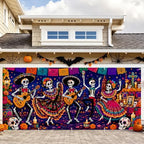 Mexican Day of the Dead Garage Door Banner 7x16ft, Dia de los Muertos Mariachi Skeleton Band Outdoor, Sugar Skull Folklorico Dancing Double Garage Door Cover Tapestry Mural for House Front Holiday by LEIWEIHOPE