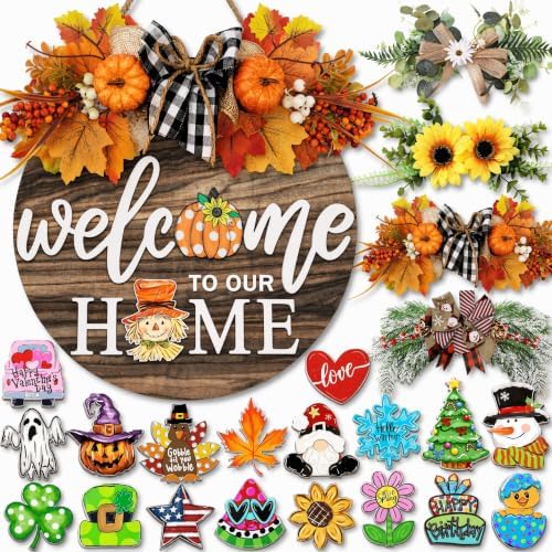 Interchangeable Welcome Sign for Front Door with 4 Seasonal Wreaths 21 Changeable Icons, Farmhouse Rustic Outdoor Welcome Signs Porch, Spring Winter Fall Decorations for Home House Warming Gifts by OWUH
