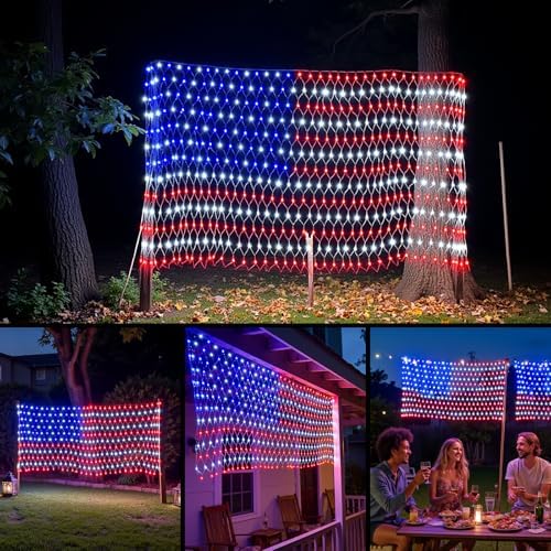 American Flag Lights Outdoor - 420 Super Bright Red White and Blue Lights, Waterproof Led Flag Net Light of The United States for Memorial Day, 4th of July, Yard, Garden, Christmas Decorations by ooLALoo