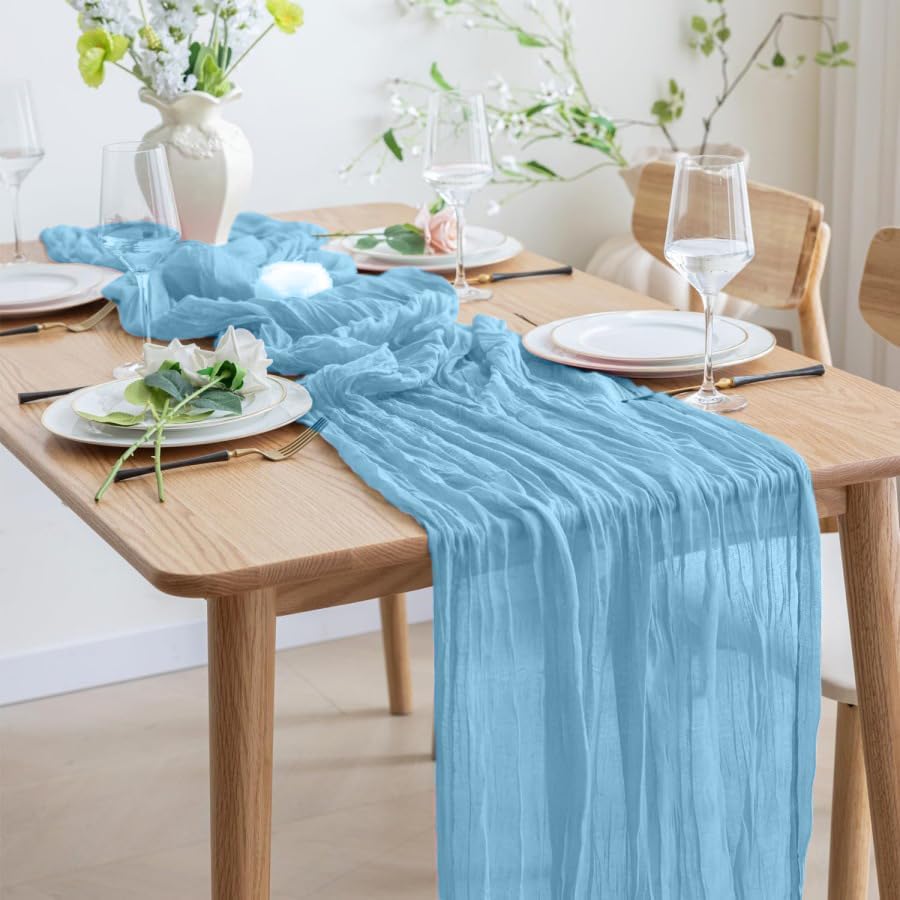 12 Pack Light Blue 10 Ft Cheesecloth Table Runner 20x120 Inch Boho Wrinkled Sheer Romantic Gauze Decor for Wedding, Bridal Shower, Birthday Party - Image 5