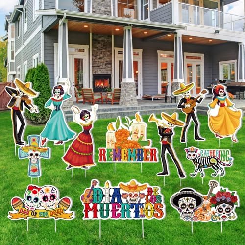 12 Pcs Day of the Dead Yard Signs, Dia De Los Muertos Sugar Skull Decor by Amyhill