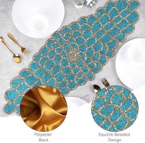 CLEENTABLE Beaded Table Runner, Blue & Gold, 13x36 - Image 3