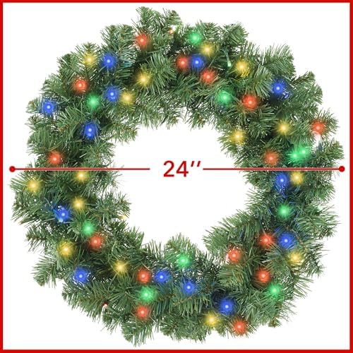 Casafield 24" Pre-Lit Fir Artificial Christmas Wreath Holiday Décor, 50 LED White & Multicolor Lights, 100 PVC Tips for Front Door, Window, or Mantel - Image 5